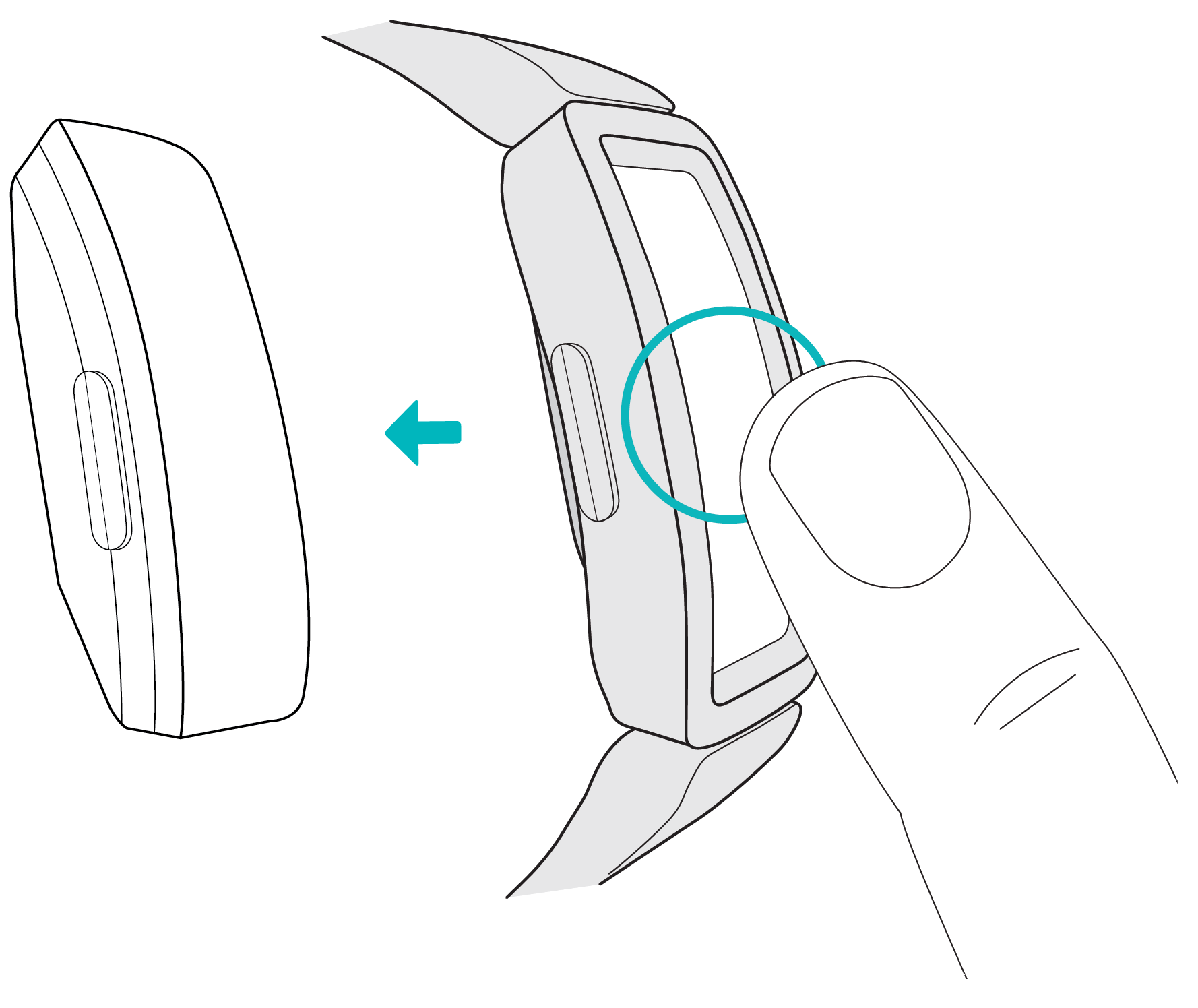 拆卸式智能设备机芯和一个箭头，显示如何将其推出表带